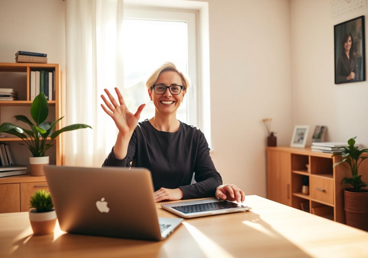 A friendly online language tutor waving during a video lesson